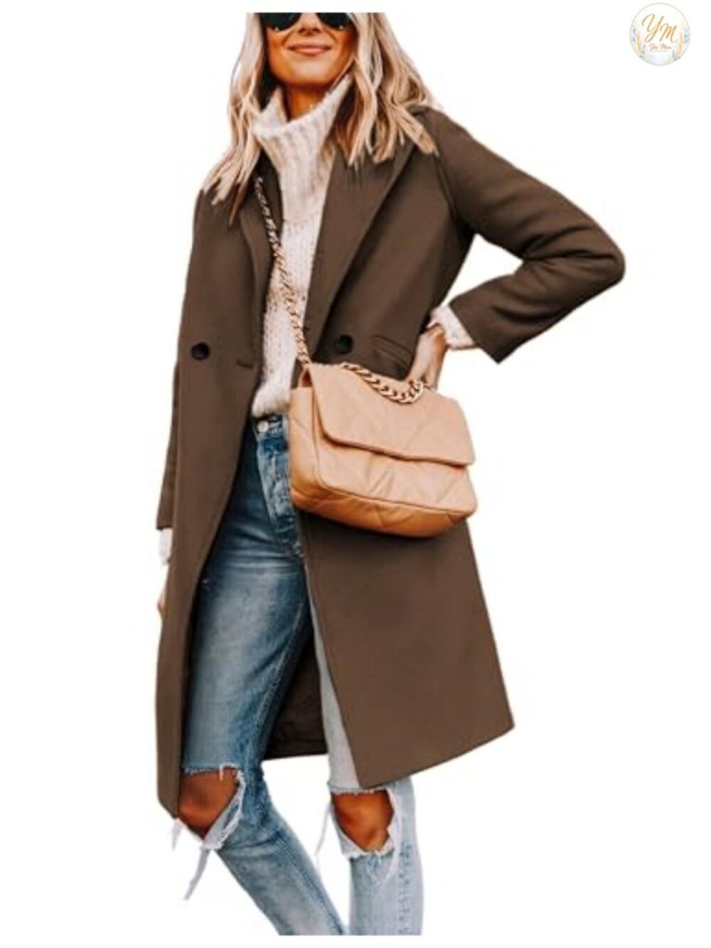 Women's Wool Blend Pea Coat Long Trench Jacket Notched Lapel